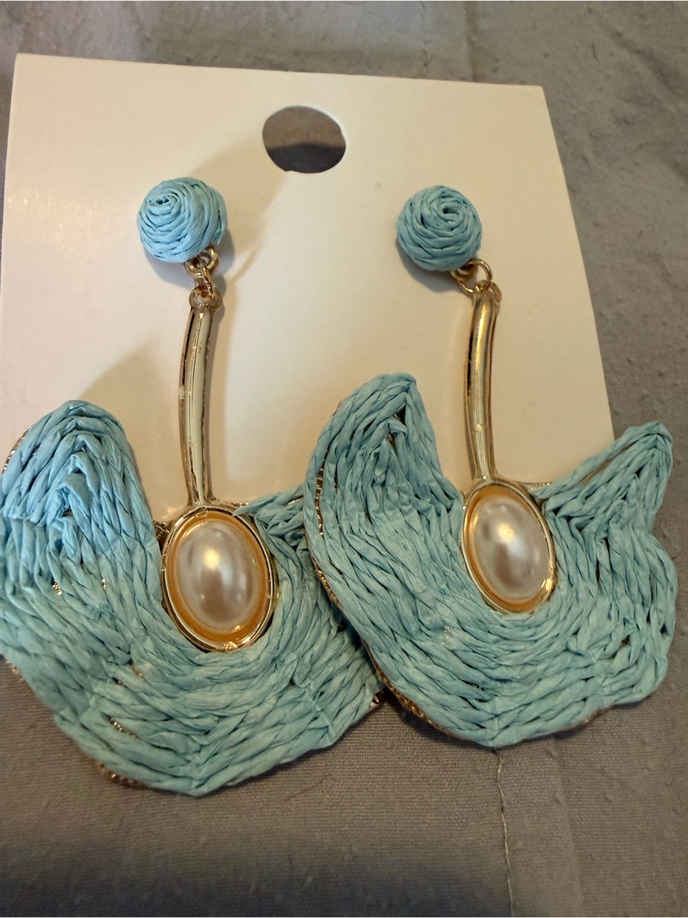 Light Blue Raffia Pearl Drop Earrings - Unbranded